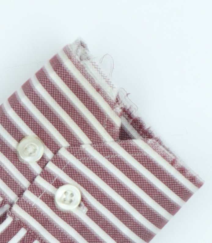 M&S Men’s Red White Striped Cotton Button-Up Shirt 15.5 Collar