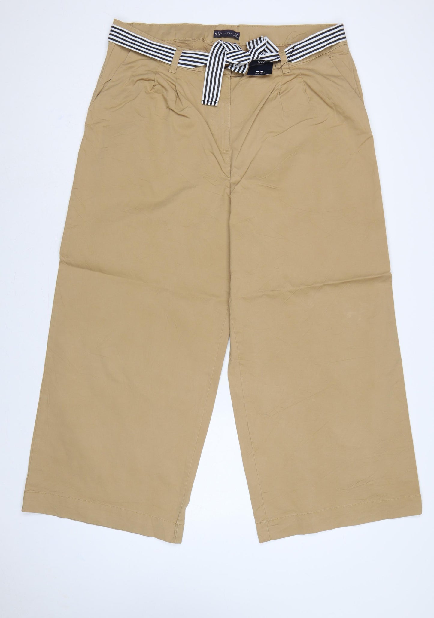 M&S Women’s Beige UK 20 High Rise Wide Leg Belted Trousers