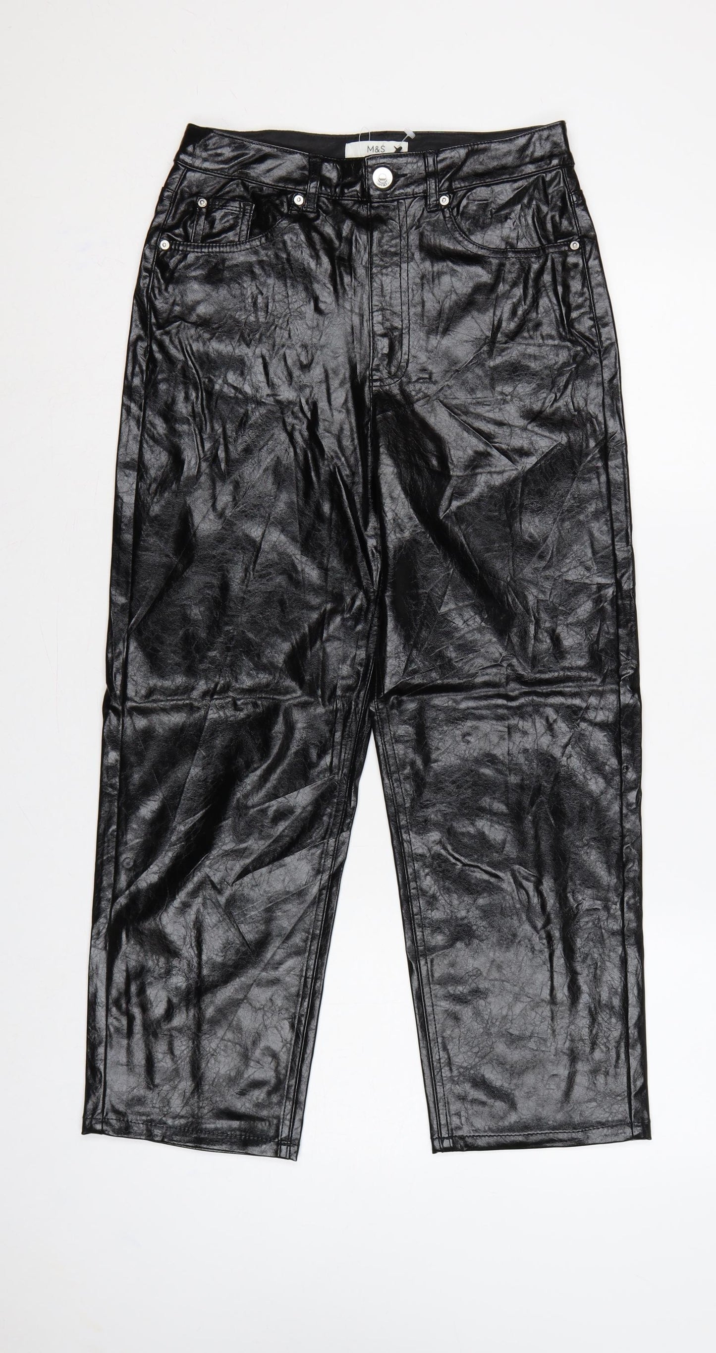 Marks & Spencer Women Black UK 8 Short Faux Leather Straight Trousers