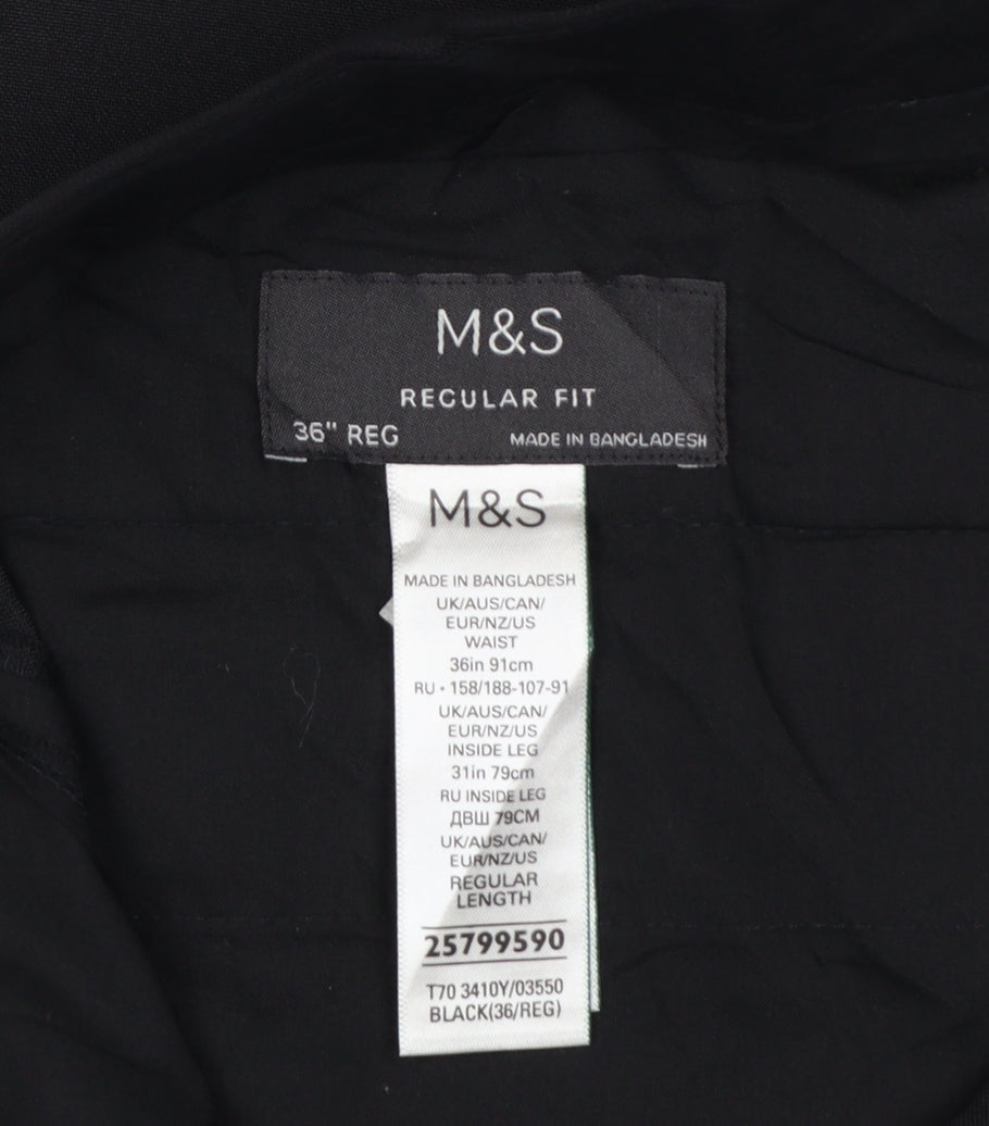 Marks and Spencer Men Black 36 Regular Fit Dress Trousers 31 Leg