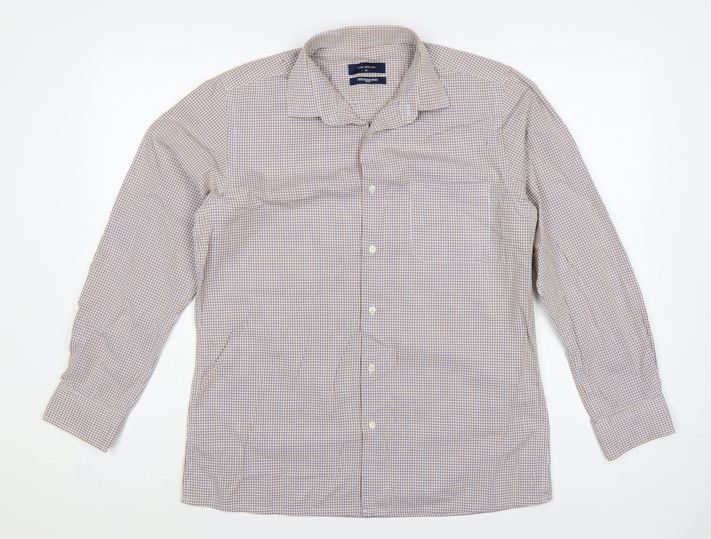 Peter England Men’s Beige Check Cotton Shirt Size 40 Regular Button-Up