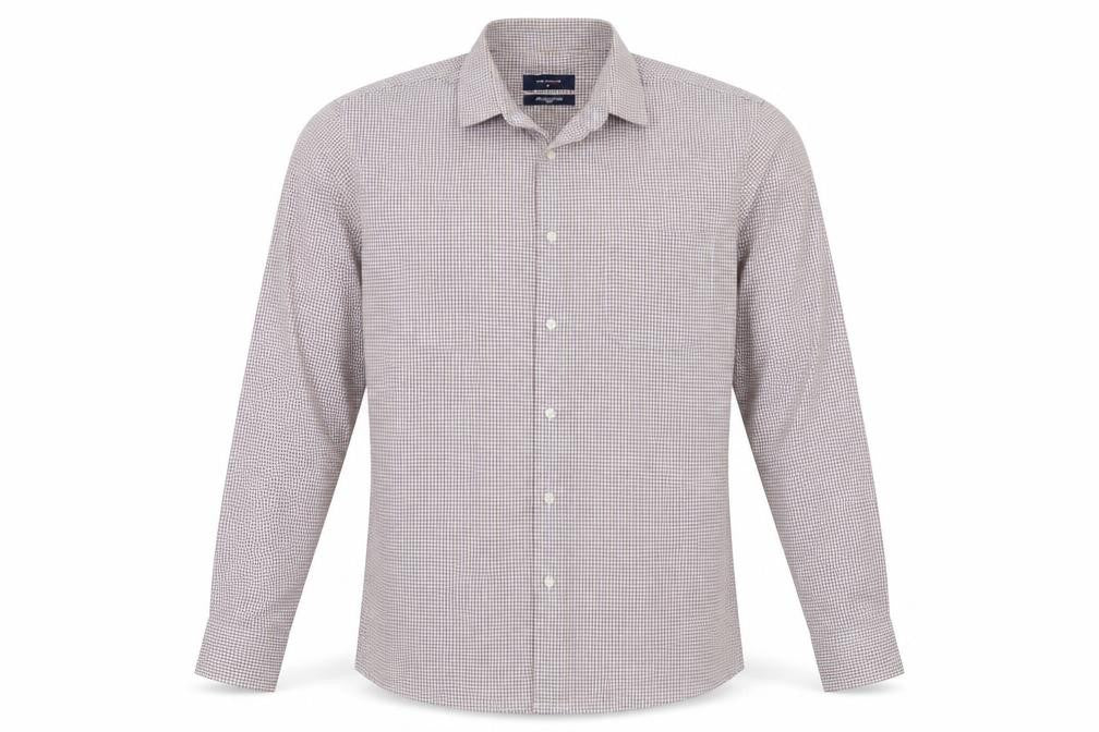 Front view of Peter England Men’s Beige Check Cotton Shirt, size 40, Regular Button-Up