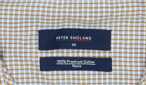 Peter England Men’s Beige Check Cotton Shirt Size 40 Regular Button-Up
