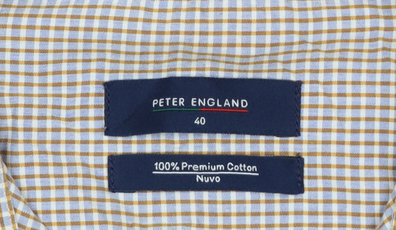 Peter England Men’s Beige Check Cotton Shirt Size 40 Regular Button-Up