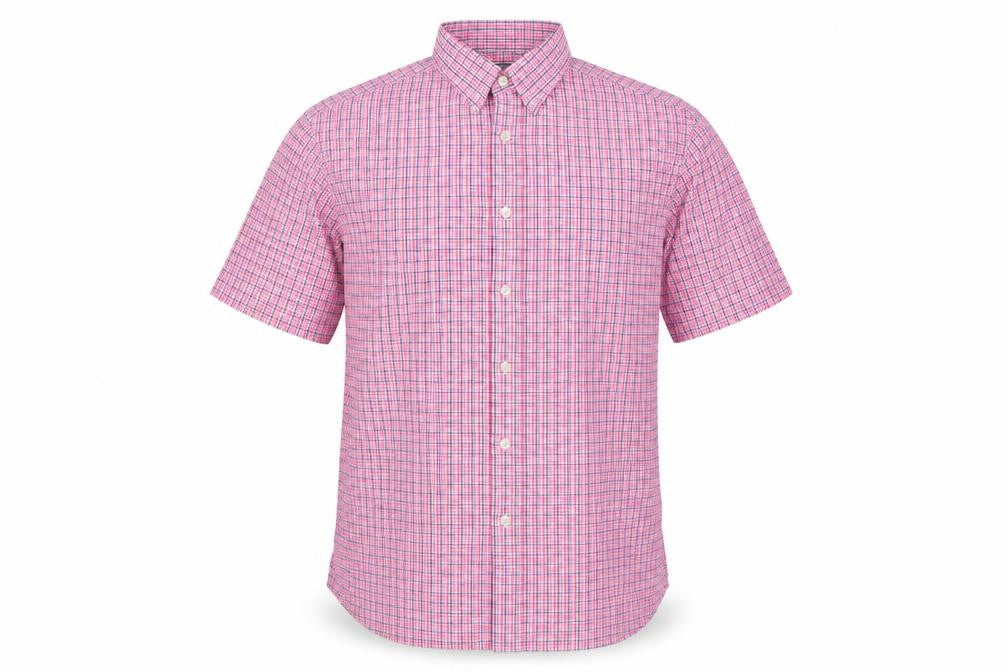 Front view of Marks & Spencer Men Pink Check Button-Down Short Sleeve Shirt L