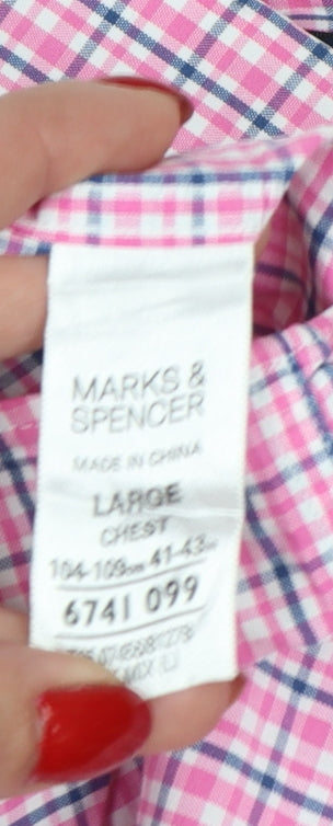 Marks and Spencer Men Pink Check Button-Down Short Sleeve Shirt L