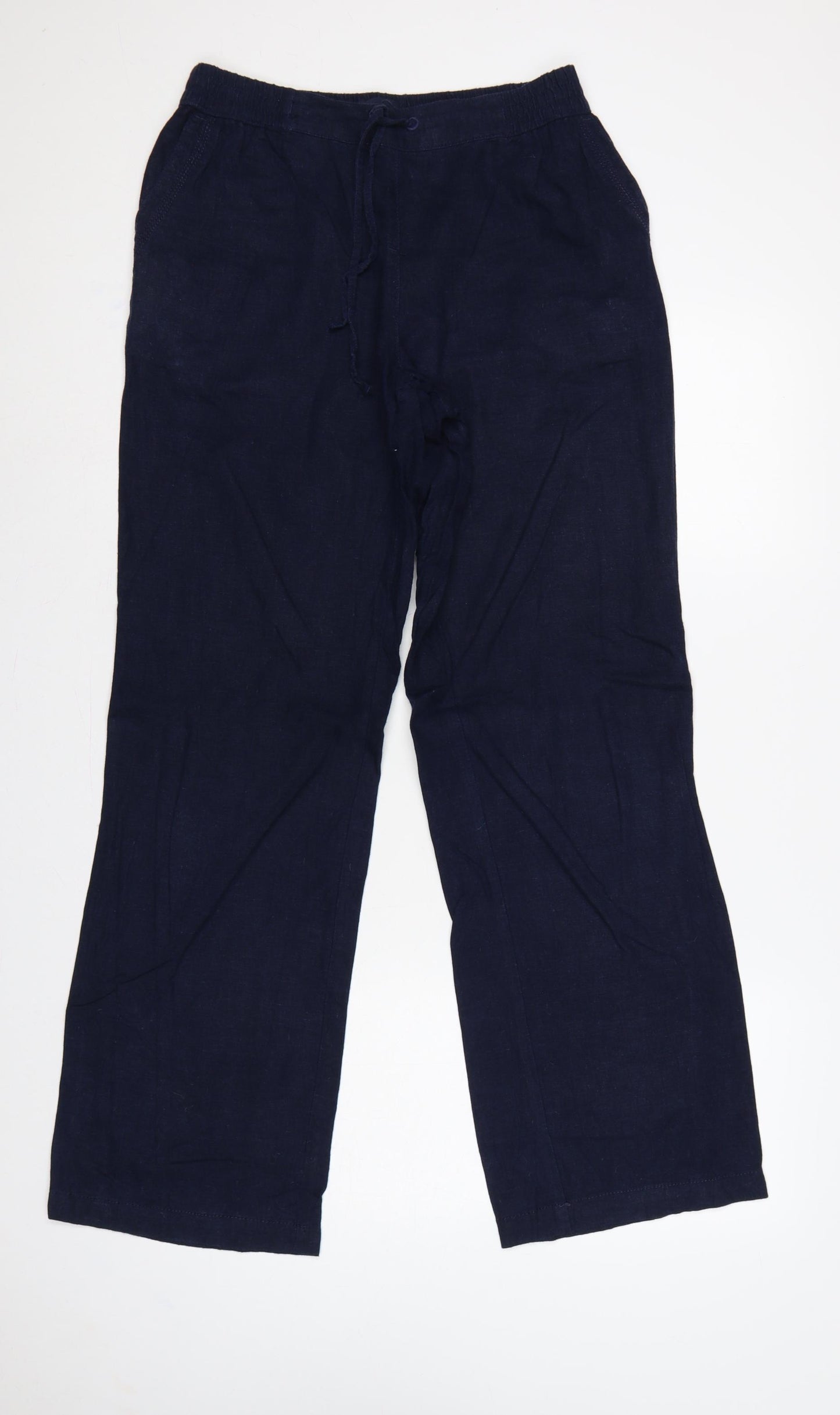 Next Women Blue UK 12 Long Linen Blend Drawstring Wide-Leg Trousers