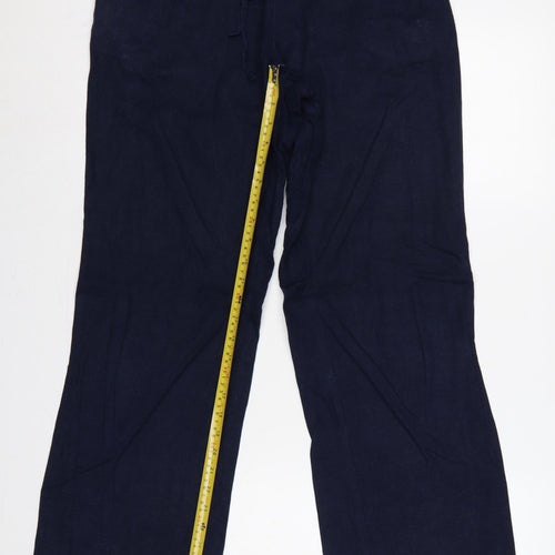 Next Women Blue UK 12 Long Linen Blend Drawstring Wide-Leg Trousers