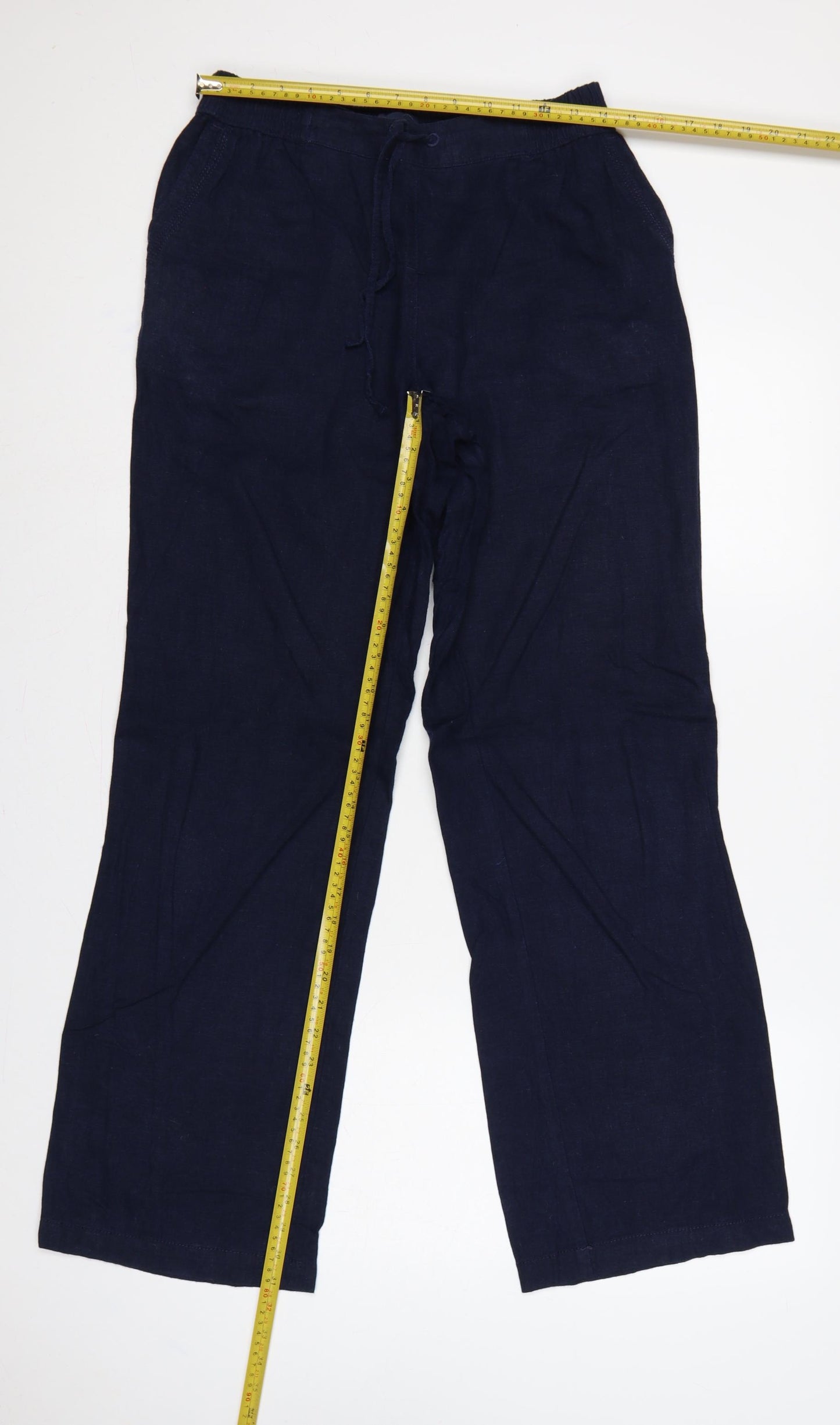 Next Women Blue UK 12 Long Linen Blend Drawstring Wide-Leg Trousers