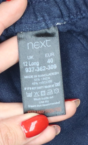 Next Women Blue UK 12 Long Linen Blend Drawstring Wide-Leg Trousers
