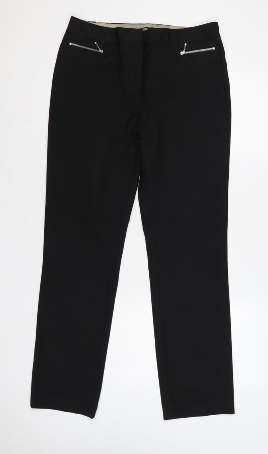 Marks and Spencer Women Black UK 12 Straight Tailored Trousers Zip Pockets