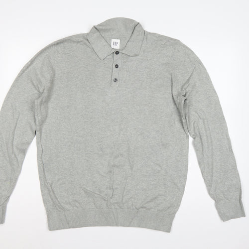 Gap Men's Grey M Cotton Collared Henley Knit Jumper Long Sleeve