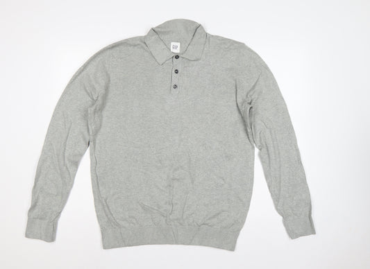 Gap Men's Grey M Cotton Collared Henley Knit Jumper Long Sleeve
