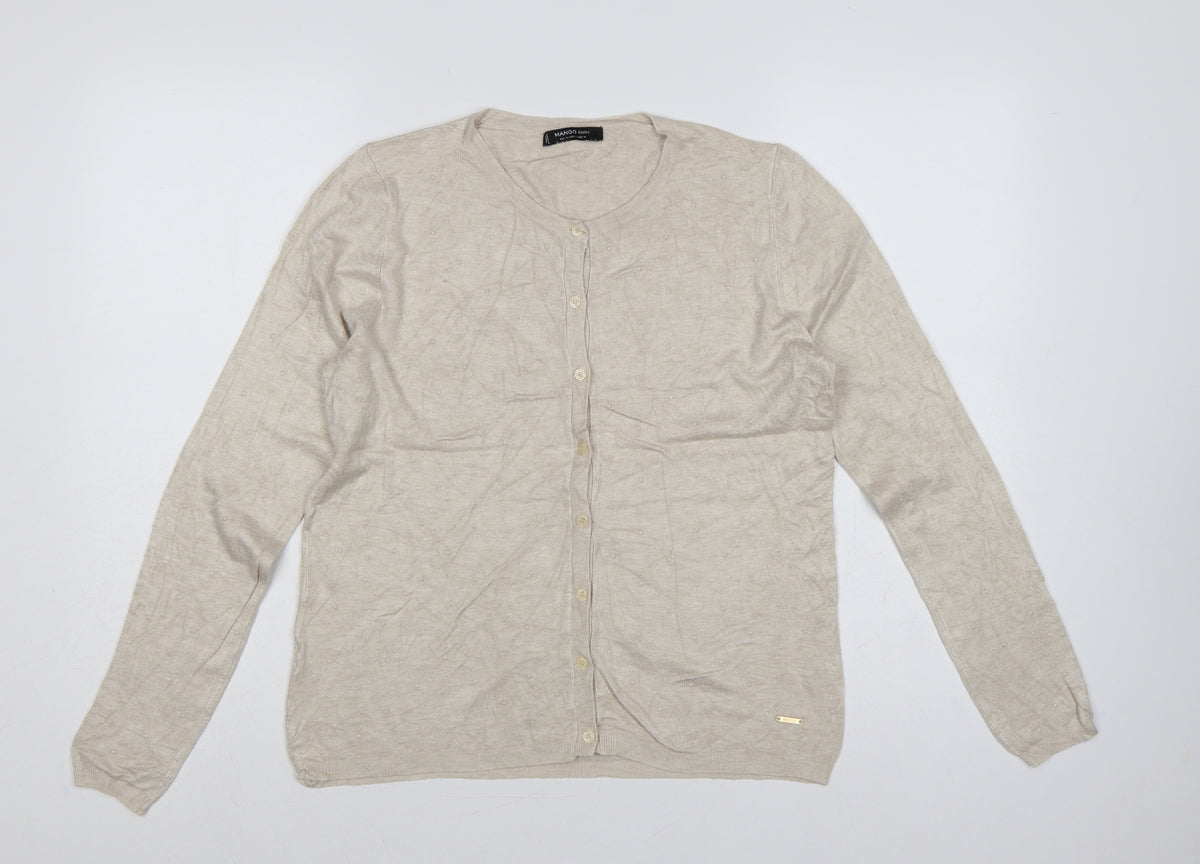 Back view of Mango Women Beige M Button Front Long Sleeve Knit Cardigan