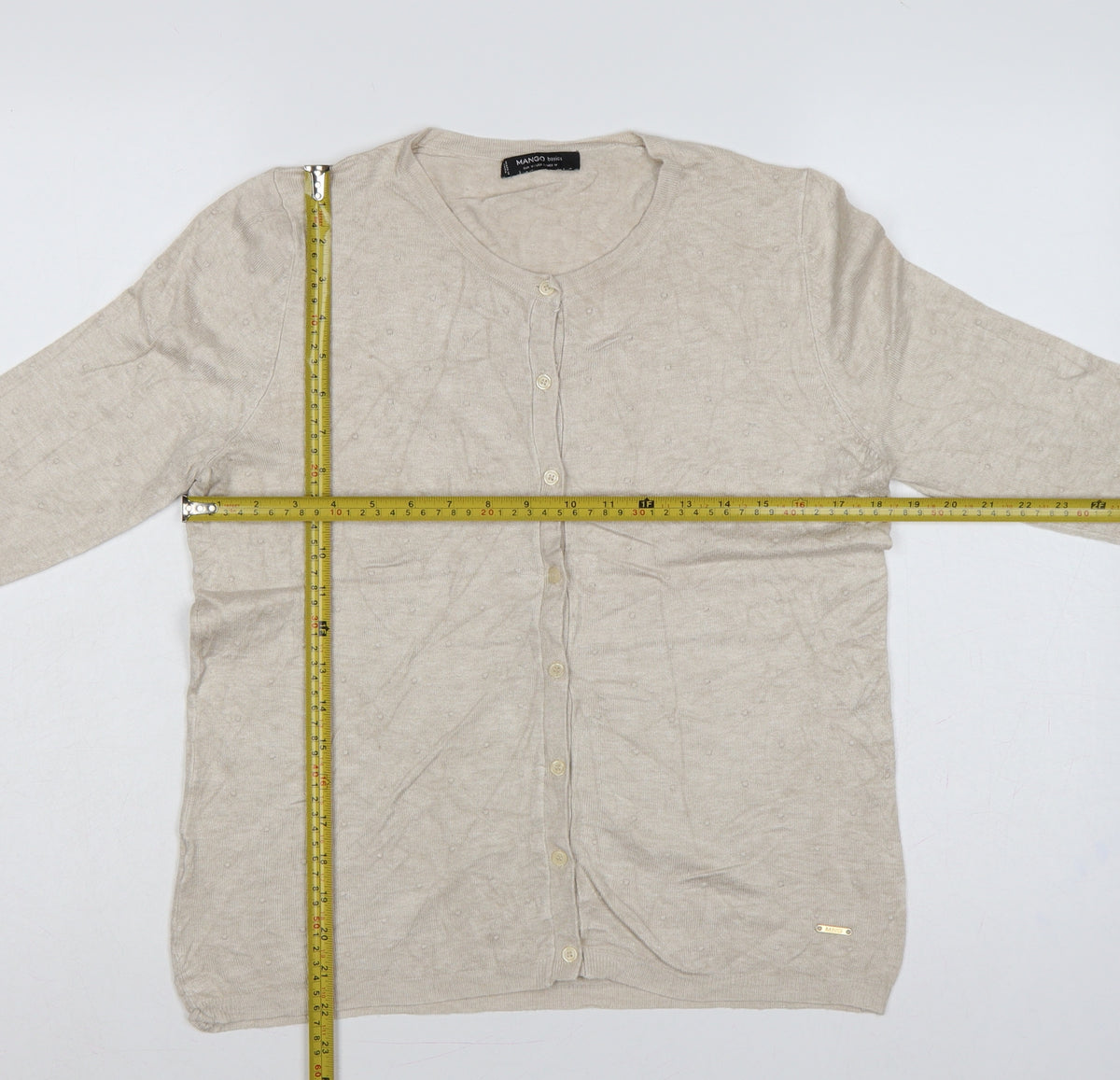 Close-up detail of Mango Women Beige M Button Front Long Sleeve Knit Cardigan