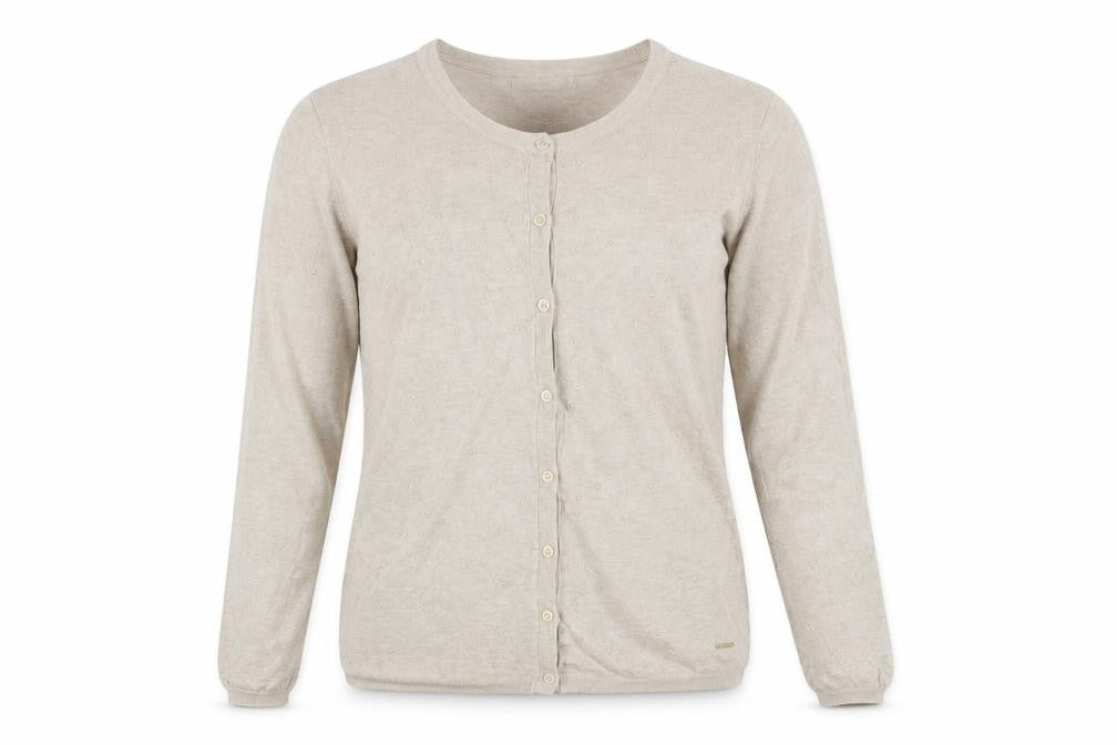 Front view of Mango Women Beige M Button Front Long Sleeve Knit Cardigan