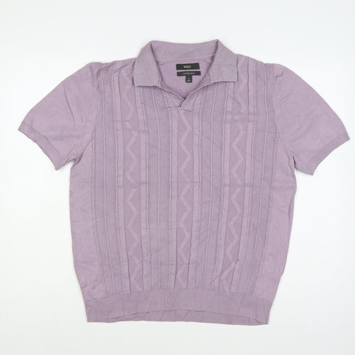 Marks and Spencer Men's Purple M Cable Knit Collared Short Sleeve Jumper