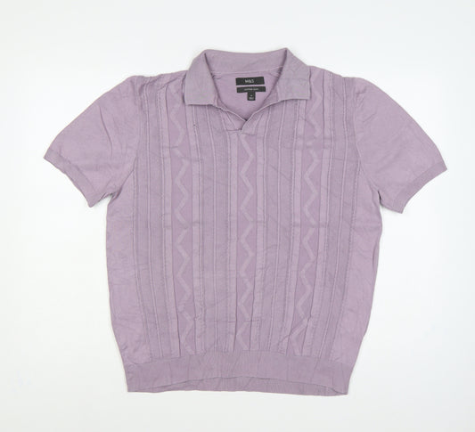 Marks and Spencer Men's Purple M Cable Knit Collared Short Sleeve Jumper