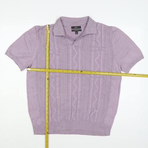 Marks and Spencer Men's Purple M Cable Knit Collared Short Sleeve Jumper