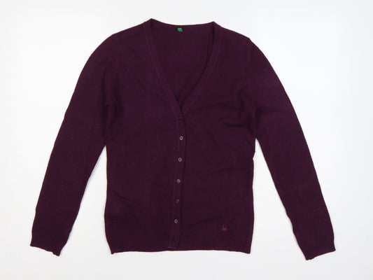 Benetton Women’s Purple XS 100% Wool V-Neck Button Cardigan