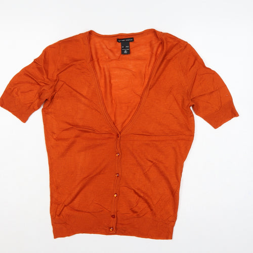 New York & Company Women Orange M Short Sleeve V-Neck Button Cardigan