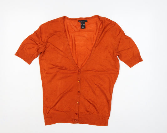 New York & Company Women Orange M Short Sleeve V-Neck Button Cardigan