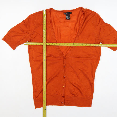New York & Company Women Orange M Short Sleeve V-Neck Button Cardigan