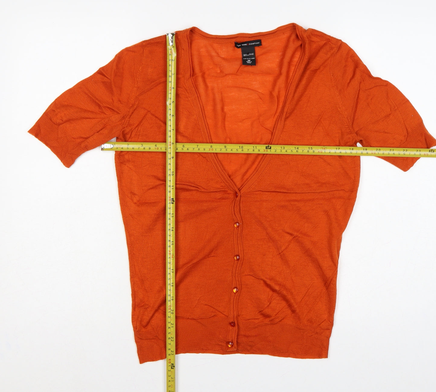 New York & Company Women Orange M Short Sleeve V-Neck Button Cardigan