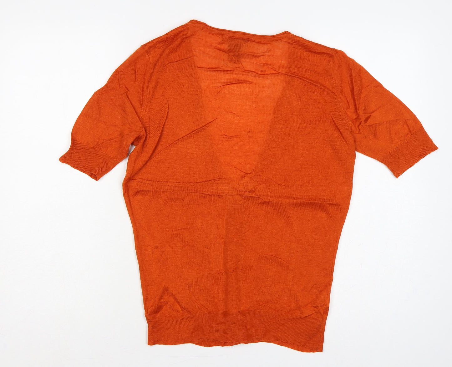 New York & Company Women Orange M Short Sleeve V-Neck Button Cardigan