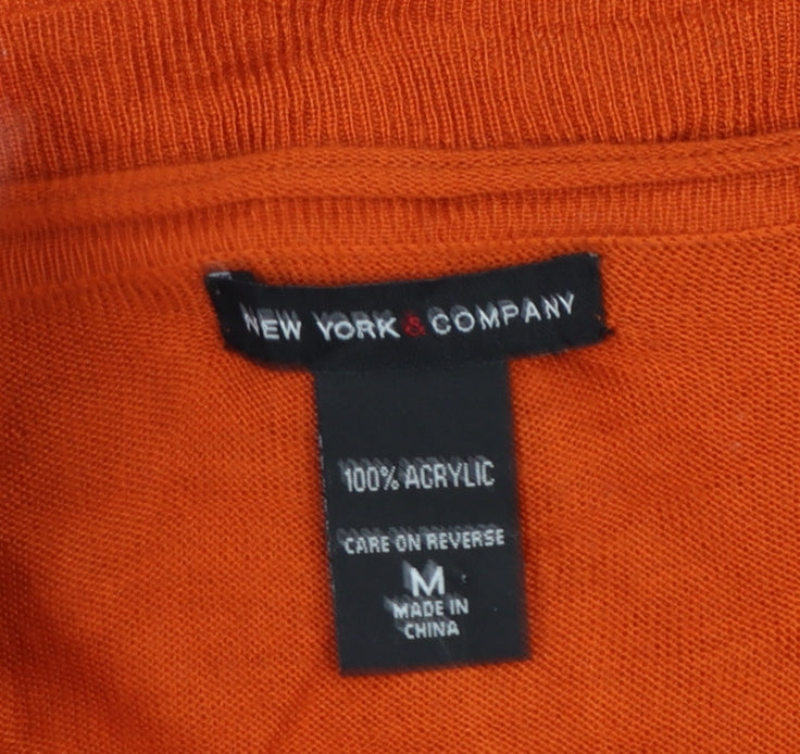 New York & Company Women Orange M Short Sleeve V-Neck Button Cardigan