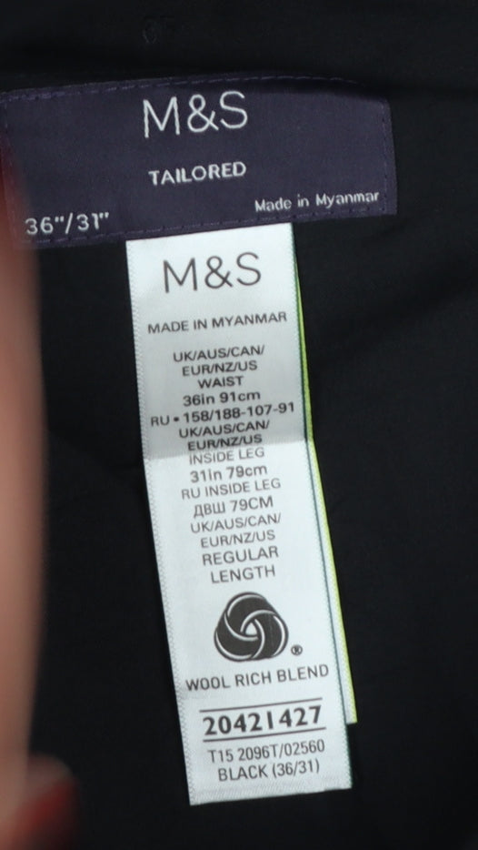 Marks and Spencer Men’s Black 36/31 Wool Blend Tailored Dress Trousers