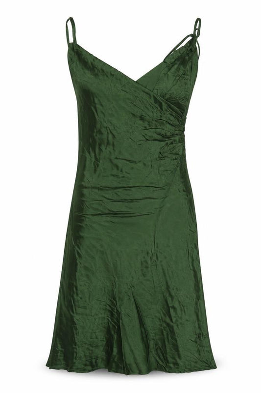 Front view of Zara Women Green Satin Strappy Ruched Long Slip Dress, size L