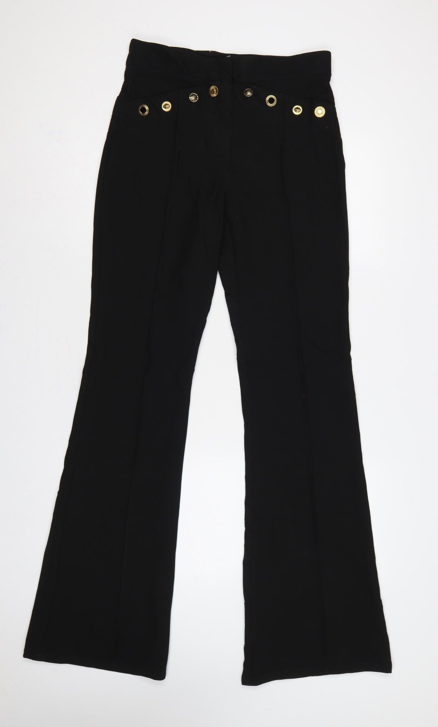 Zara Women Black UK 8 High Rise Flared Trousers Gold Button Detail