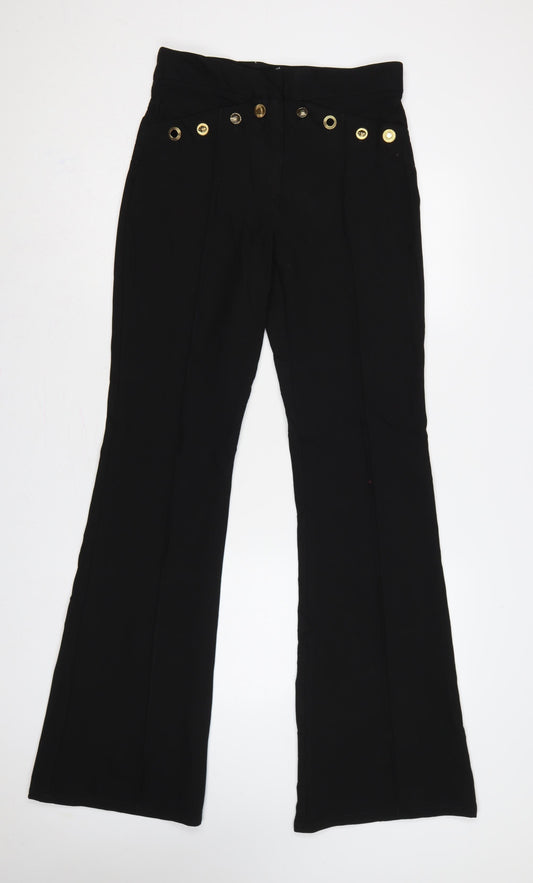 Zara Women Black UK 8 High Rise Flared Trousers Gold Button Detail