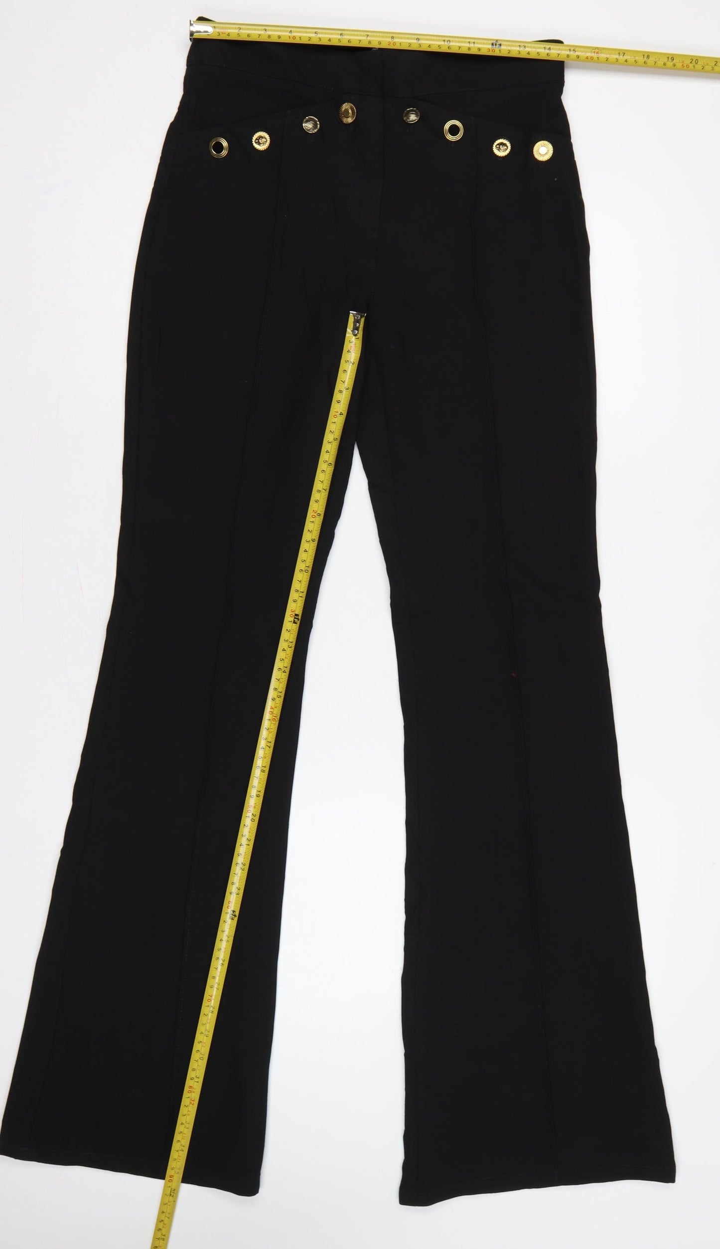 Zara Women Black UK 8 High Rise Flared Trousers Gold Button Detail