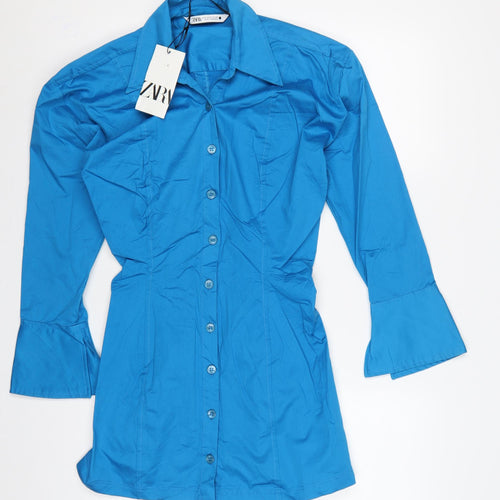Zara Women Blue M Shirt Dress Collared Button Front Flared Sleeve