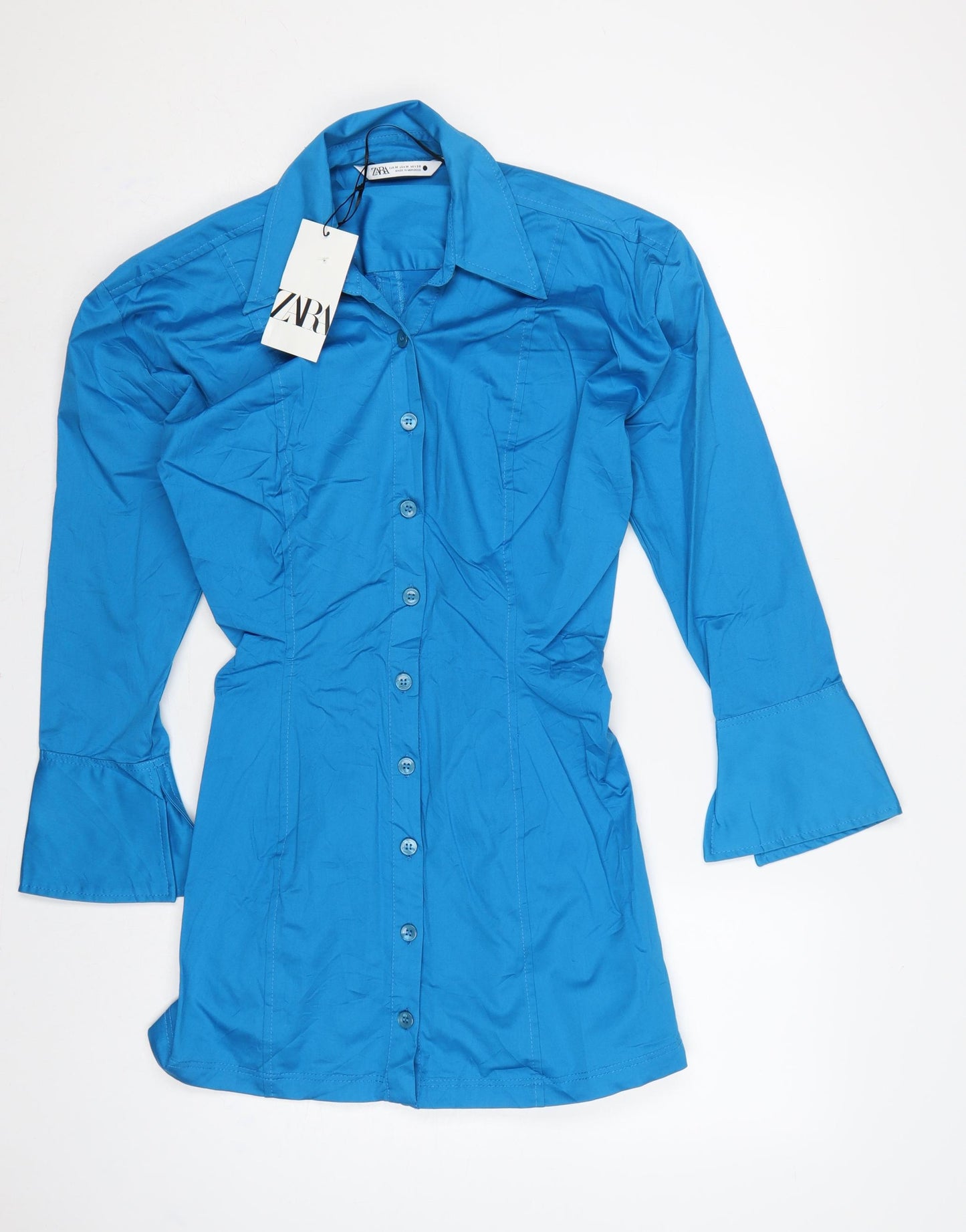 Zara Women Blue M Shirt Dress Collared Button Front Flared Sleeve