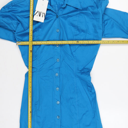 Zara Women Blue M Shirt Dress Collared Button Front Flared Sleeve