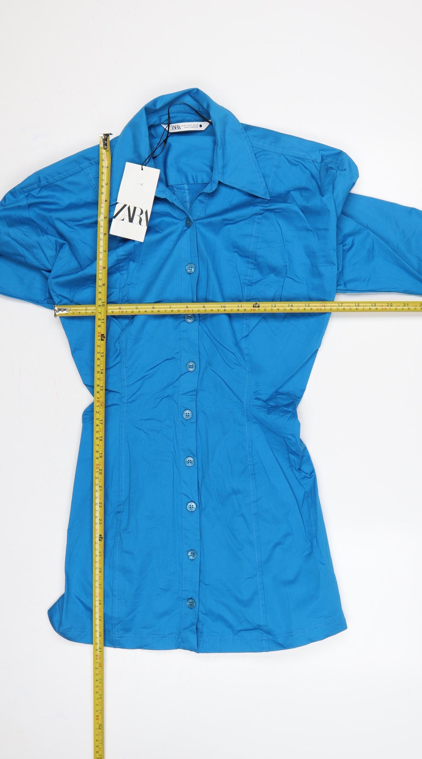 Zara Women Blue M Shirt Dress Collared Button Front Flared Sleeve