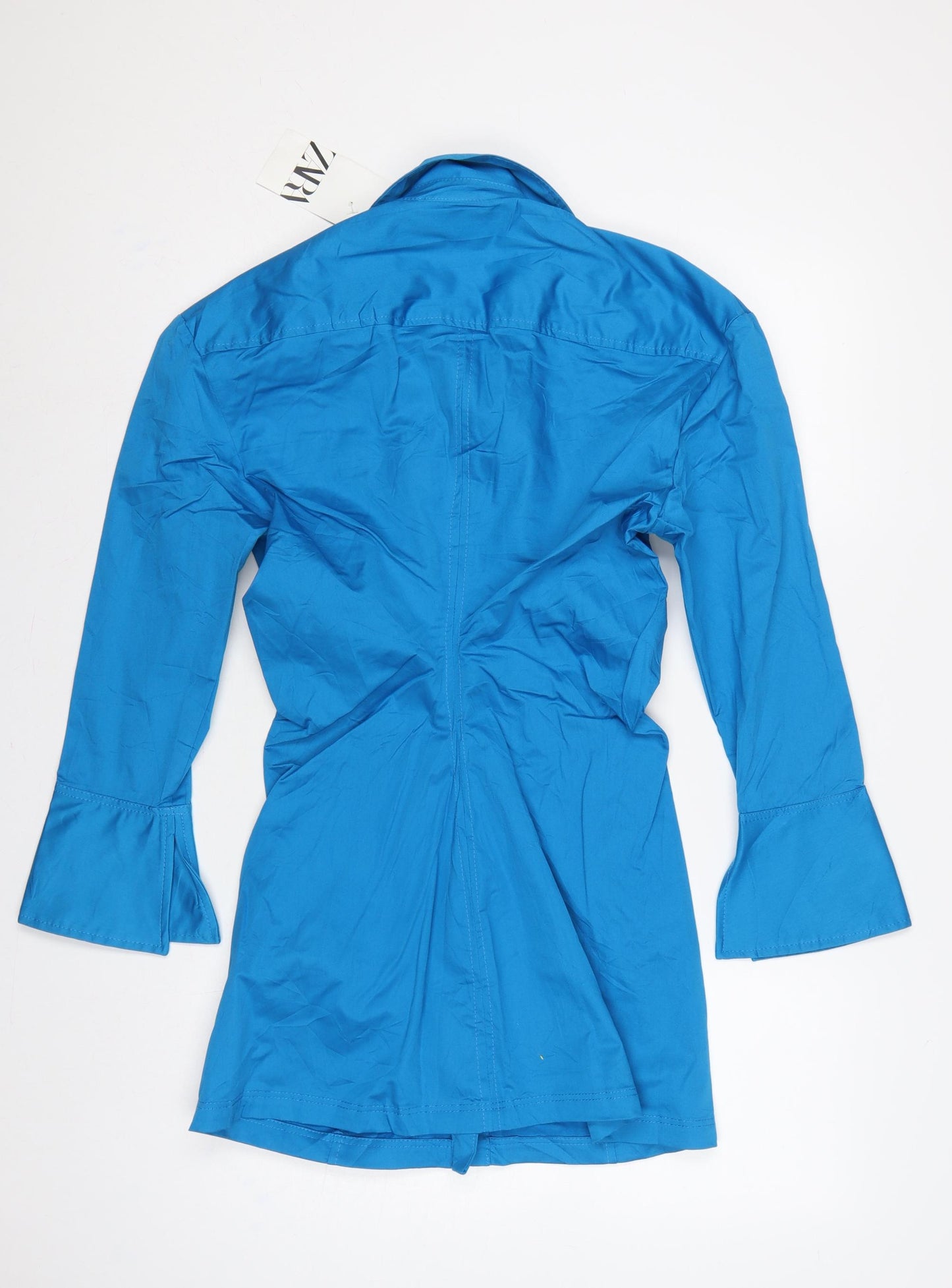 Zara Women Blue M Shirt Dress Collared Button Front Flared Sleeve