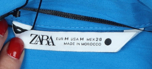 Zara Women Blue M Shirt Dress Collared Button Front Flared Sleeve