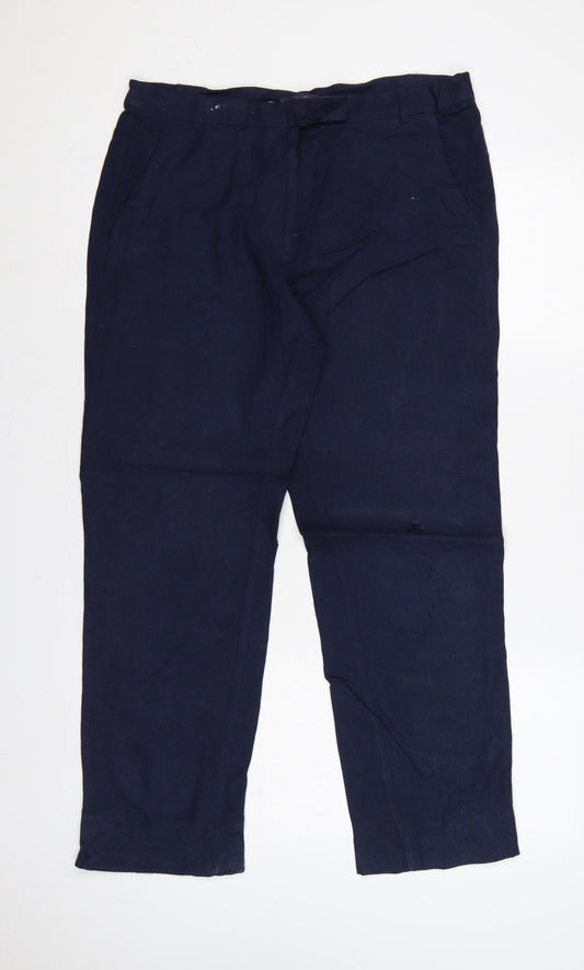 Marks and Spencer Women Navy UK 12 Linen Blend Straight Tailored Trousers
