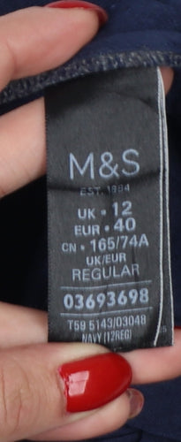 Marks and Spencer Women Navy UK 12 Linen Blend Straight Tailored Trousers