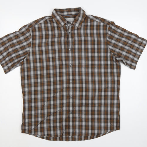 M&S Mens Brown Plaid Short Sleeve Button-Down Shirt L Regular Fit