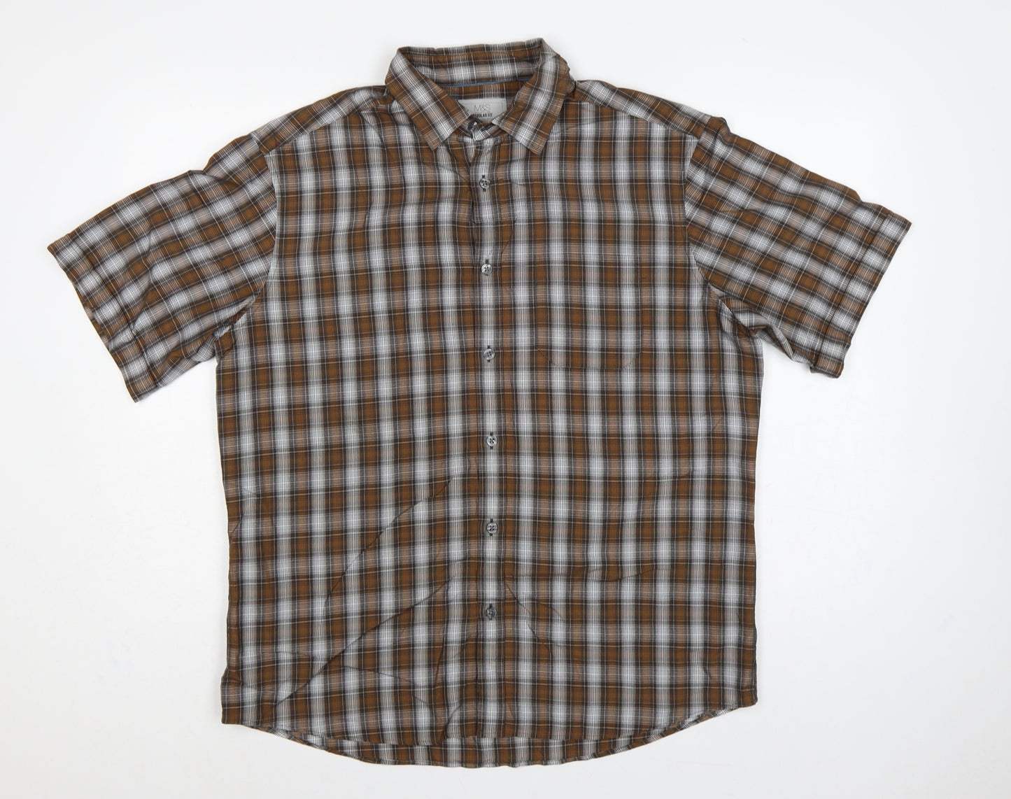 M&S Mens Brown Plaid Short Sleeve Button-Down Shirt L Regular Fit