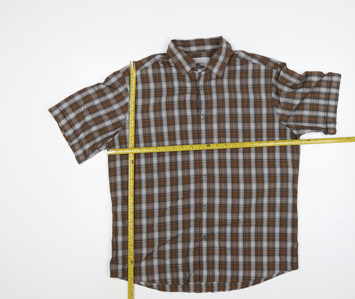 M&S Mens Brown Plaid Short Sleeve Button-Down Shirt L Regular Fit
