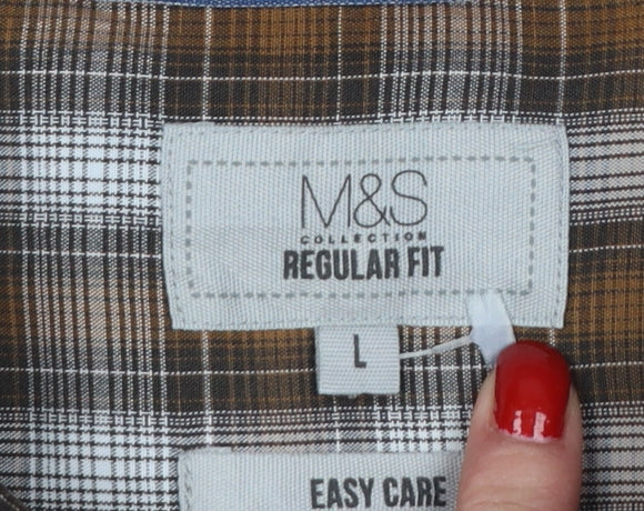 M&S Mens Brown Plaid Short Sleeve Button-Down Shirt L Regular Fit