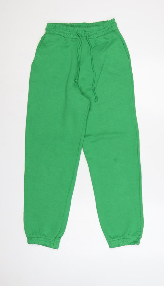 Zara Women Green S Cotton Blend Drawstring Cuffed Jogger Trousers