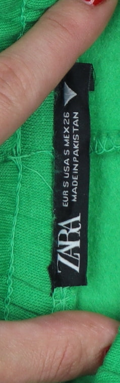 Zara Women Green S Cotton Blend Drawstring Cuffed Jogger Trousers
