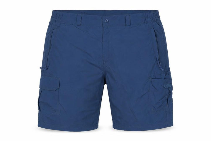 Front view of Mountain Warehouse men’s blue, size 42, lightweight cargo shorts